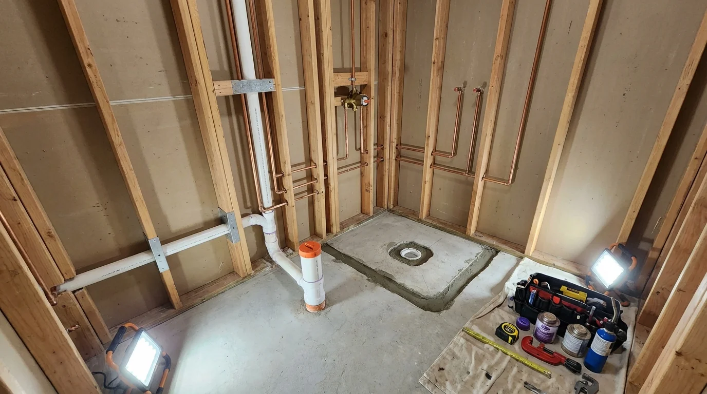 Bathroom rough-in plumbing during remodel by Johns Plumbing LLC in Brackenridge