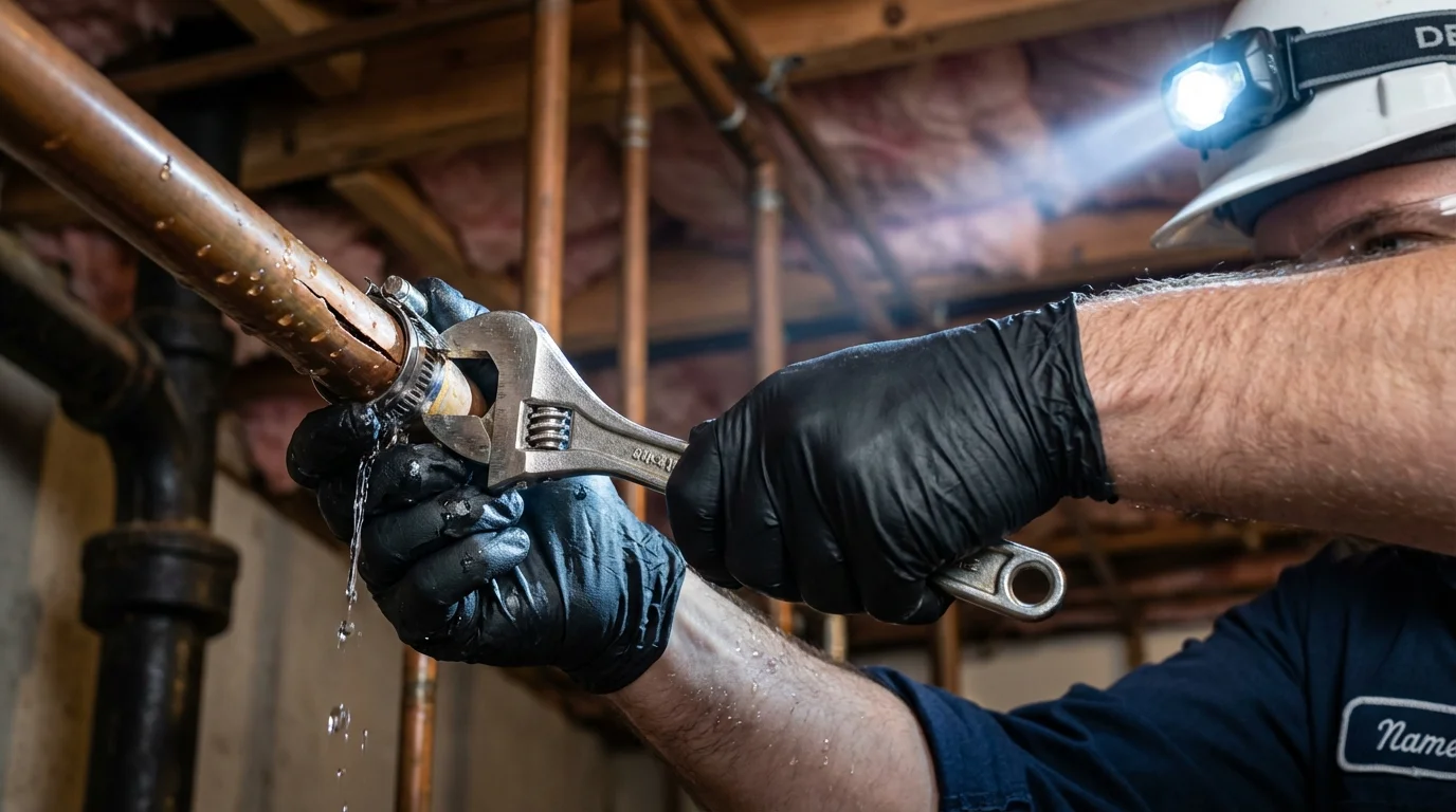 Emergency pipe clamp repair being performed by a Johns Plumbing LLC plumber in Brackenridge