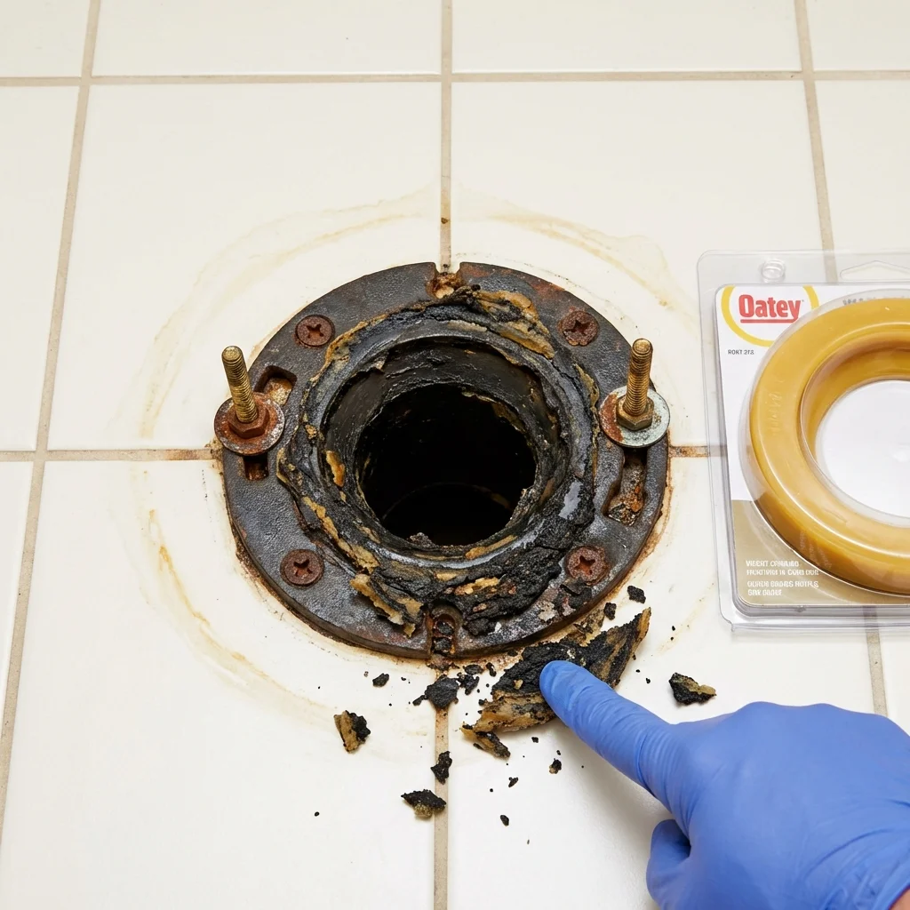 Failed wax ring showing water seepage at the base of a toilet in a Brackenridge, PA home